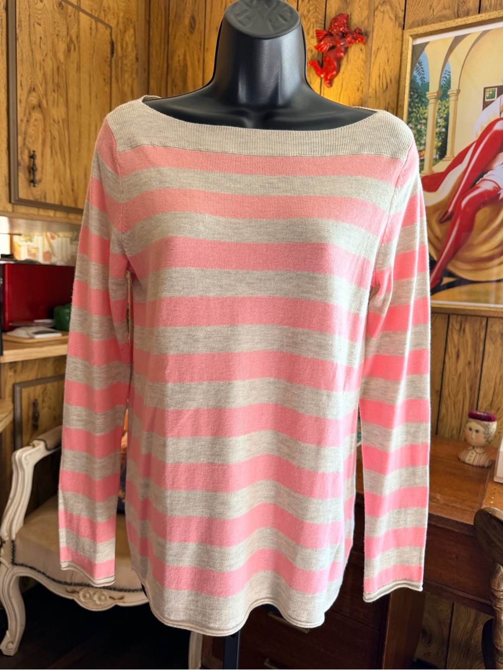 GAP Peachy Pink and Cream Striped Boatneck Long-Sleeve Sweater Top